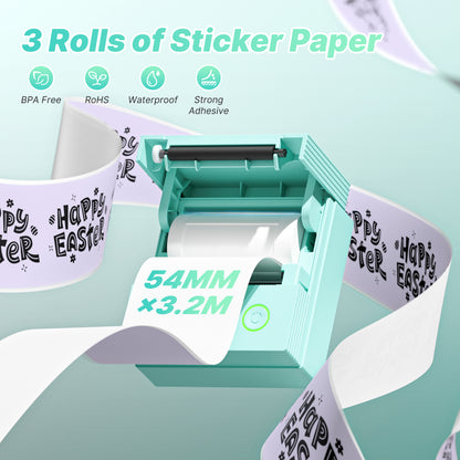 Genuine Self-Adhesive Thermal Printer Stickers, 54mmx3.2m Sticker Paper, Compatible with PM290 Mini Sticker Printer, Photos, 3 Rolls, Blue/Pink/Purple
