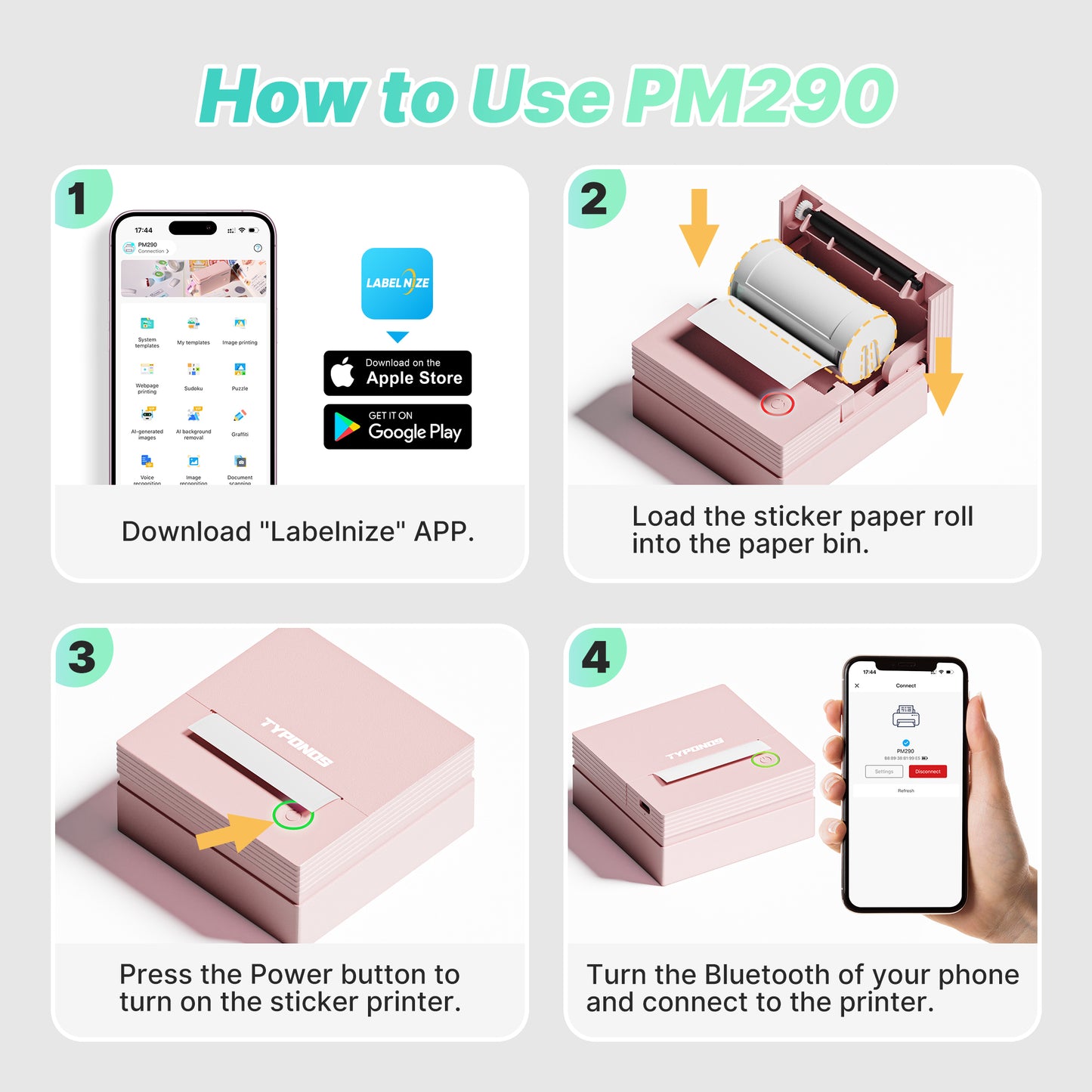 TYPONOS PM290 Mini Sticker Printer Portable Bluetooth Sticker Maker Machine with 3 Rolls Paper, Pink
