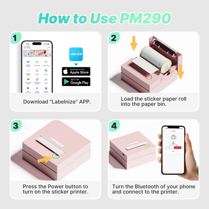 TYPONOS PM290 Mini Sticker Printer Portable Bluetooth Sticker Maker Machine with 3 Rolls Paper, Pink