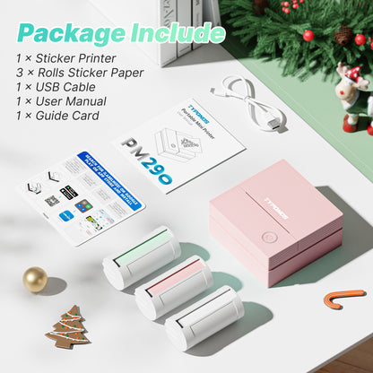 TYPONOS PM290 Mini Sticker Printer Portable Bluetooth Sticker Maker Machine with 3 Rolls Paper, Pink