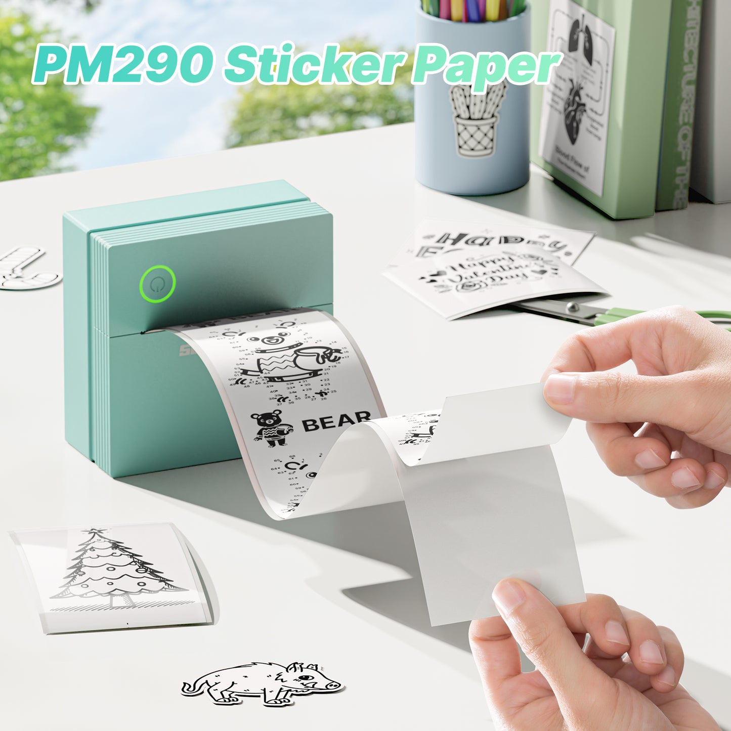 TYPONOS PM290 Mini Sticker Printer Portable Bluetooth Sticker Maker Machine with 3 Rolls Paper, Green