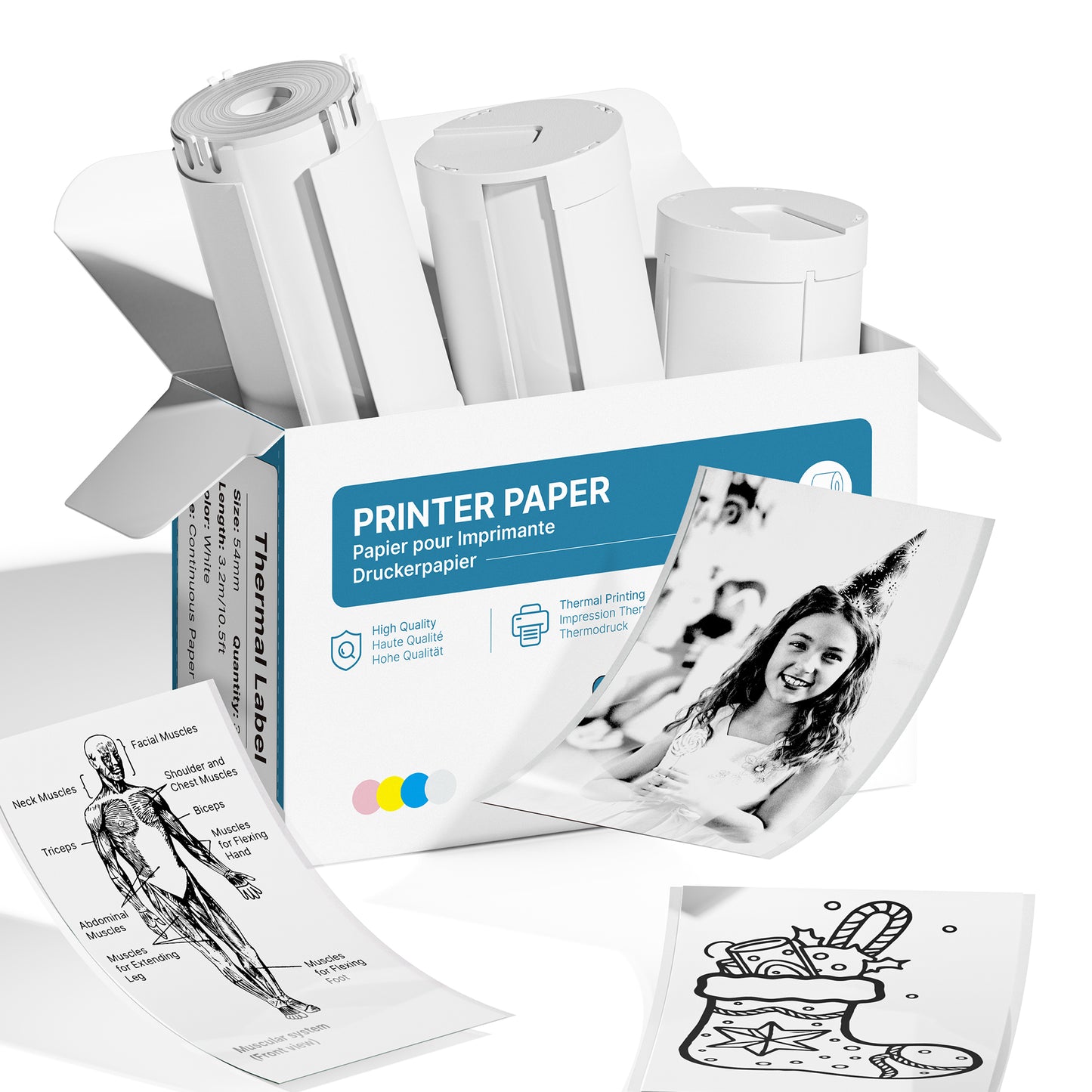 Genuine Self-Adhesive Thermal Printer Stickers, 54mmx3.2m Sticker Paper, Compatible with PM290 Mini Sticker Printer,  3 Rolls, White