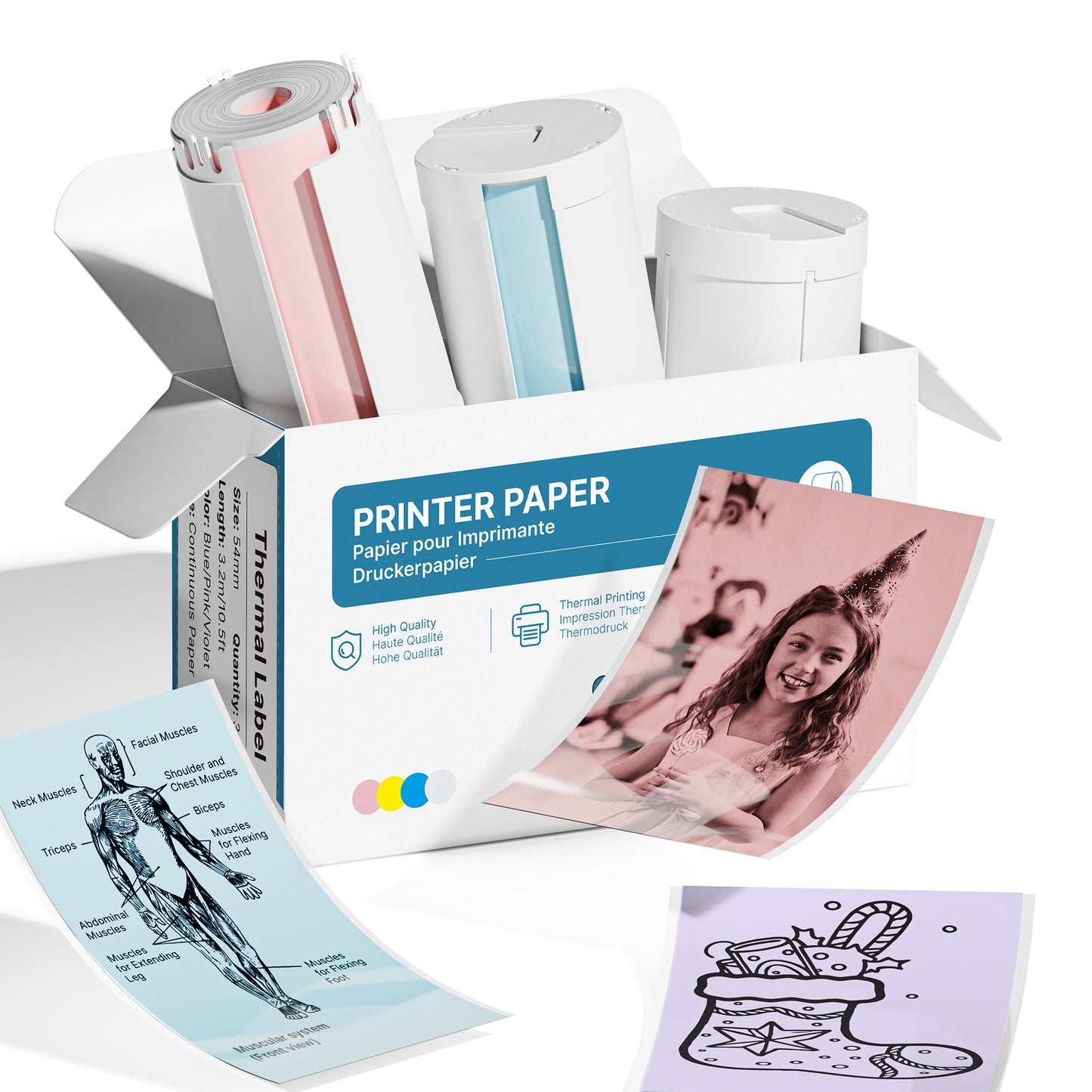 Genuine Self-Adhesive Thermal Printer Stickers, 54mmx3.2m Sticker Paper, Compatible with PM290 Mini Sticker Printer, Photos, 3 Rolls, Blue/Pink/Purple