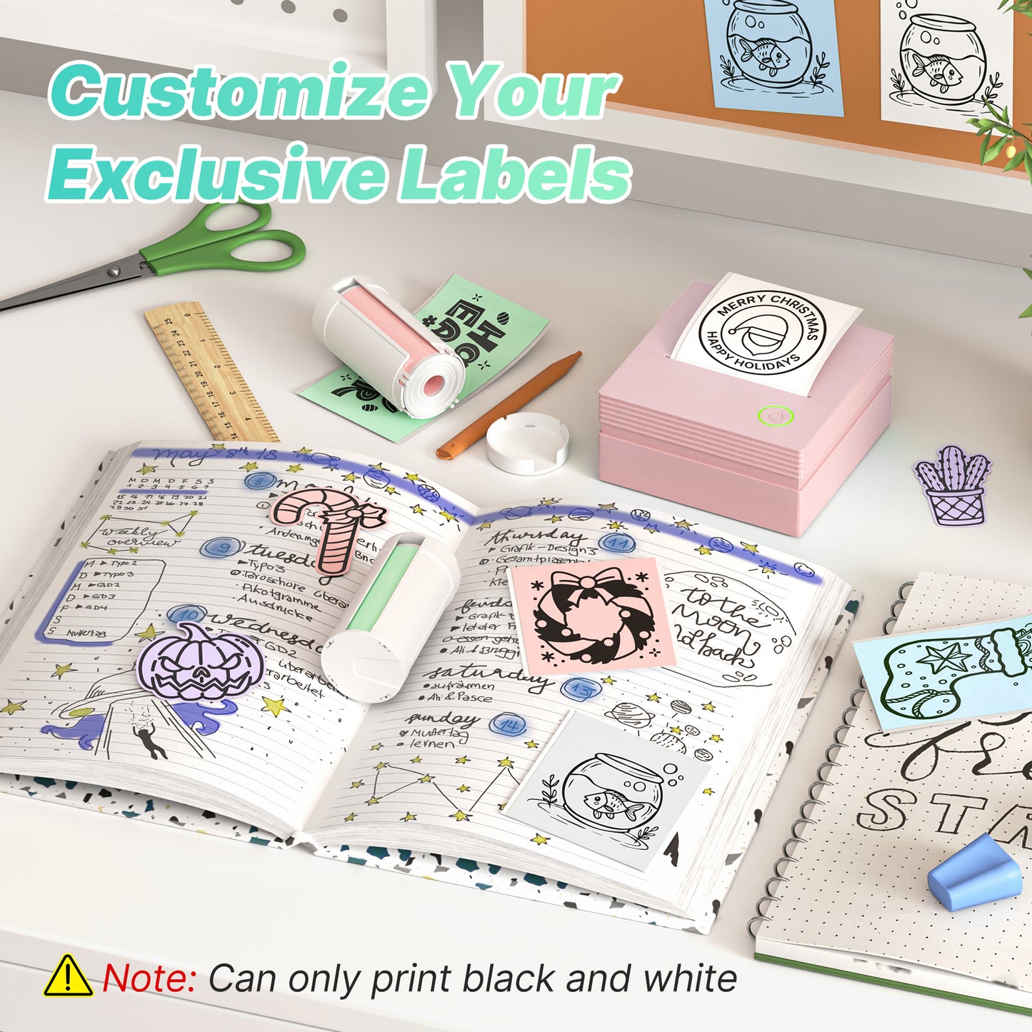 TYPONOS PM290 Mini Sticker Printer Portable Bluetooth Sticker Maker Machine with 3 Rolls Paper, Pink