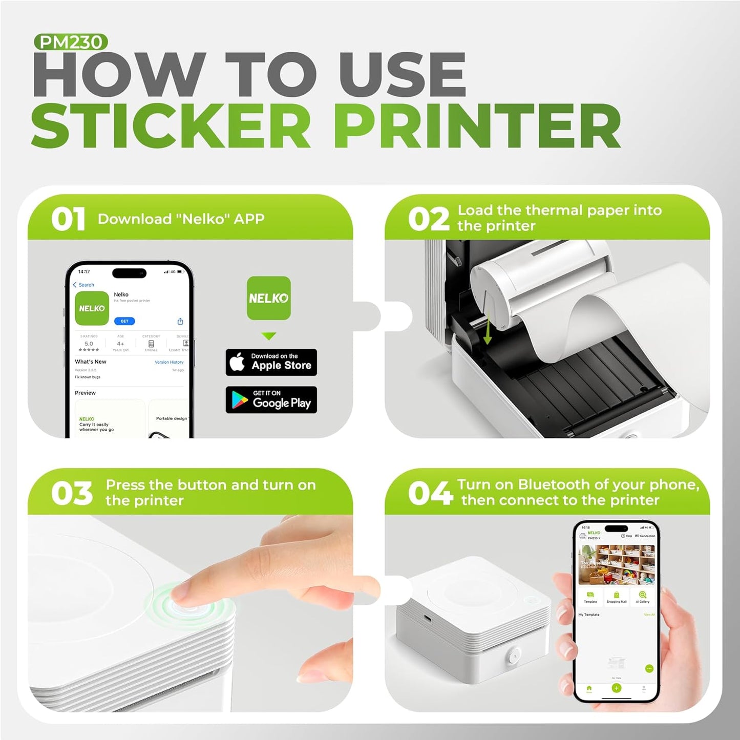 PM230 Mini Printer, Bluetooth Sticker Printer with 3 Rolls Paper, Portable Print Pod for DIY for， White