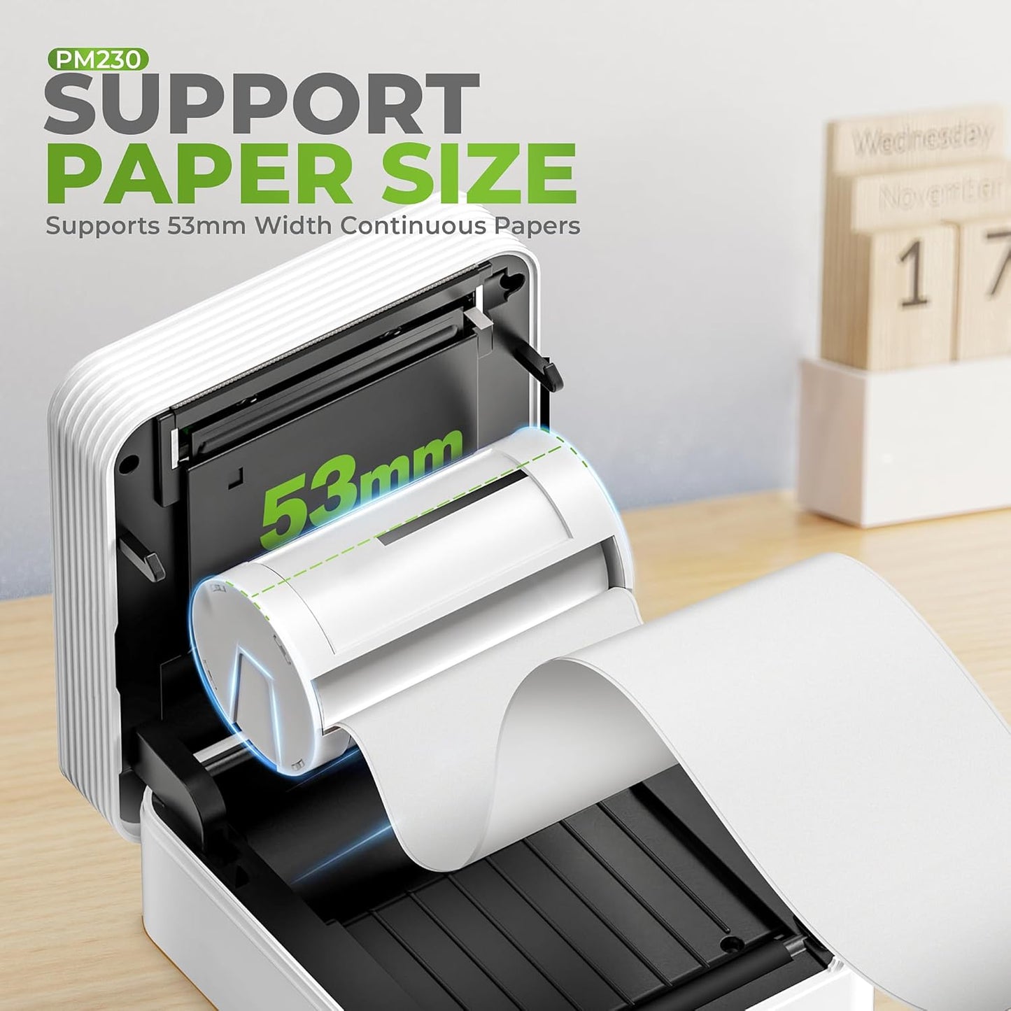 PM230 Mini Printer, Bluetooth Sticker Printer with 3 Rolls Paper, Portable Print Pod for DIY for， White