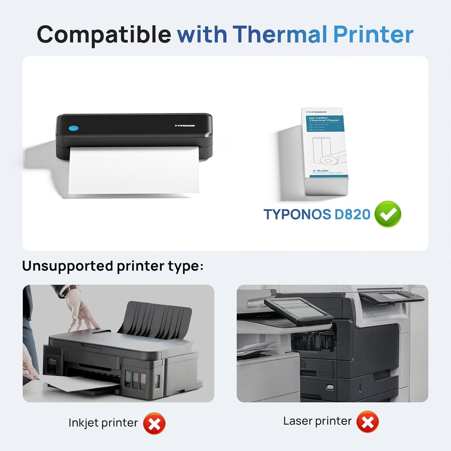 D820 Thermal Printer Paper 8.5 x 11 Inch, Continuous Thermal Paper Roll,  Compatible with D820 Portable Printer, 2 Rolls