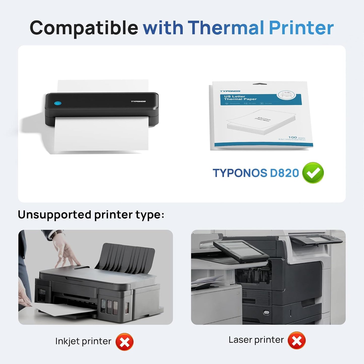 D820 Thermal Printer Paper 8.5 x 11 Inch, Continuous Folding Thermal Paper, Compatible with D820 Portable Printer, 100 Sheets