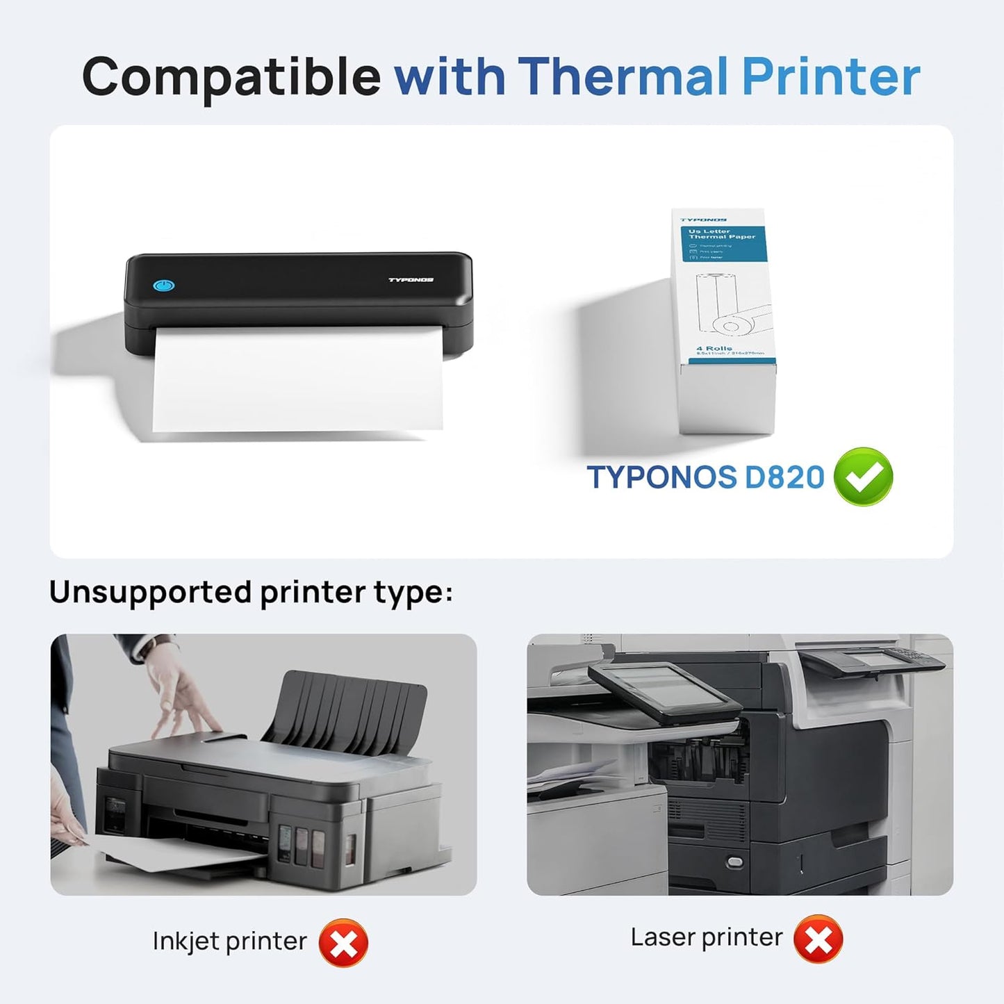 D820 Thermal Printer Paper 8.5 x 11 Inch, Continuous Thermal Paper Roll Compatible with D820 Portable Printer, 4 Rolls