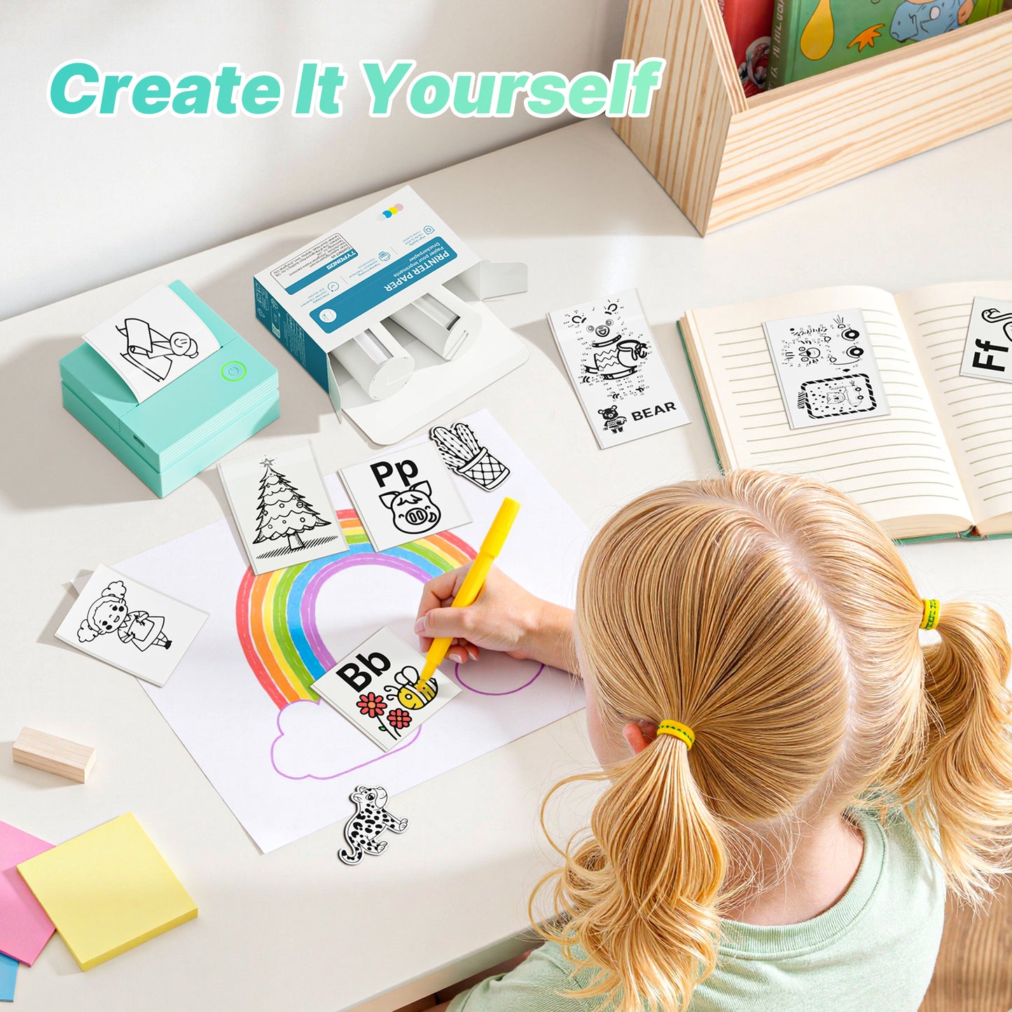 TYPONOS PM290 Mini Sticker Printer Portable Bluetooth Sticker Maker Machine with 3 Rolls Paper, Green