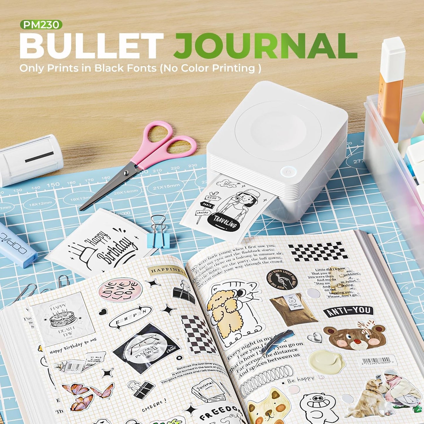 PM230 Mini Printer, Bluetooth Sticker Printer with 3 Rolls Paper, Portable Print Pod for DIY for， White