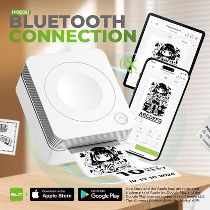PM230 Mini Printer, Bluetooth Sticker Printer with 3 Rolls Paper, Portable Print Pod for DIY for， White
