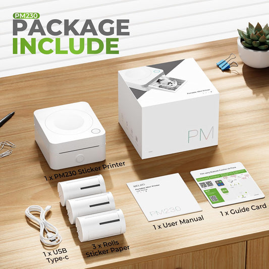 PM230 Mini Printer, Bluetooth Sticker Printer with 3 Rolls Paper, Portable Print Pod for DIY for， White