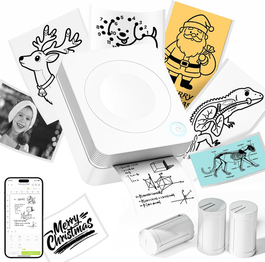 PM230 Mini Printer, Bluetooth Sticker Printer with 3 Rolls Paper, Portable Print Pod for DIY for， White